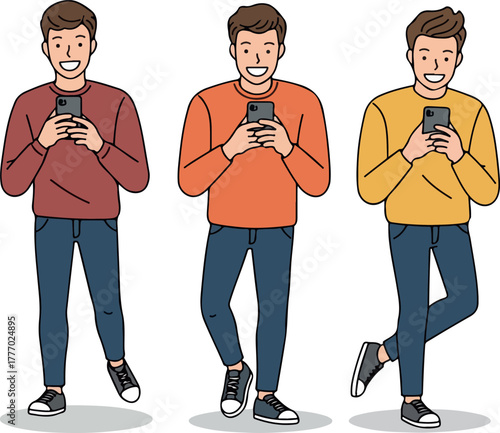 Smiling Man Using Smartphone With Different Outfits White Background