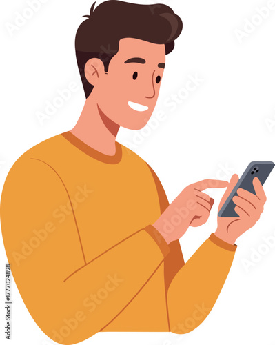 Smiling Man in Orange Sweater Using Smartphone Flat Design Isolated Vector