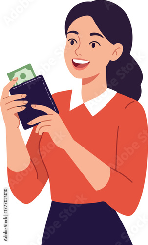 Smiling Woman Holding Money In Wallet Minimal Flat Design