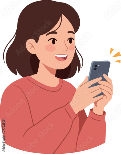 Smiling Woman Holding Smartphone Using Mobile App Flat Design Illustration
