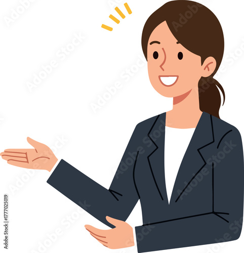 Smiling Woman in Dark Blue Suit Offering a Friendly Gesture