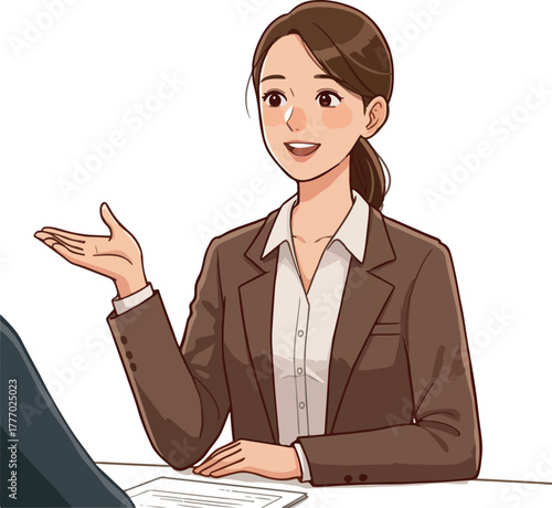 Smiling Woman in Brown Suit in Casual Meeting Flat Design Illustration