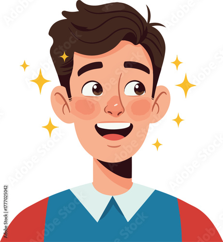 Smiling Young Man With Sparkle Stars Flat Design Illustration