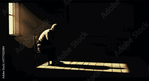 Solitary Man Sitting In Dim Room With Sunlight Streaming Through Window
