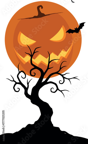 Spooky Halloween Jack O Lantern Moon With Bat And Twisted Tree