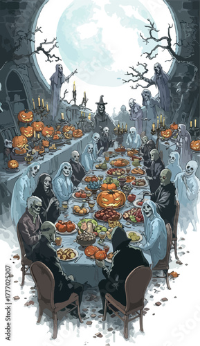 Spooky Halloween Dinner Party With Skeletons Ghosts And Pumpkins Under Full Moon