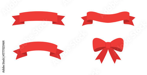 Collection of various flat red ribbon banners and decorative bow elements.
