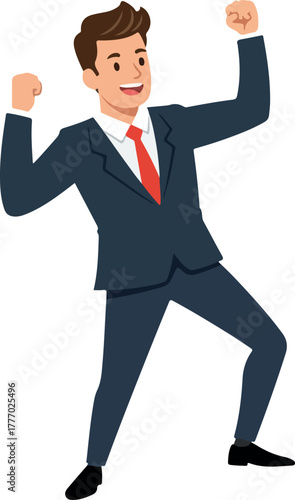 Successful Businessman Celebrating Victory in Blue Suit and Red Tie
