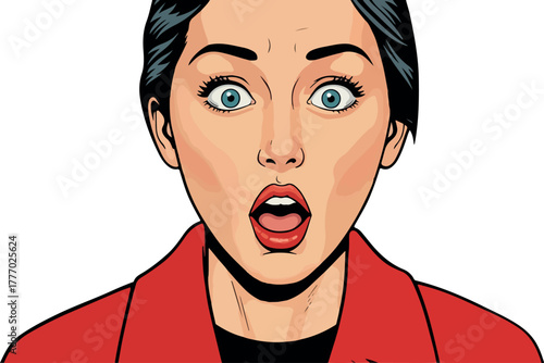 Surprised Woman Face Red Jacket Comic Style Wide Eyes Mouth Open