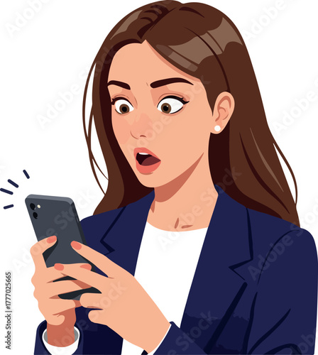 Surprised Woman In Business Suit Looks At Smartphone