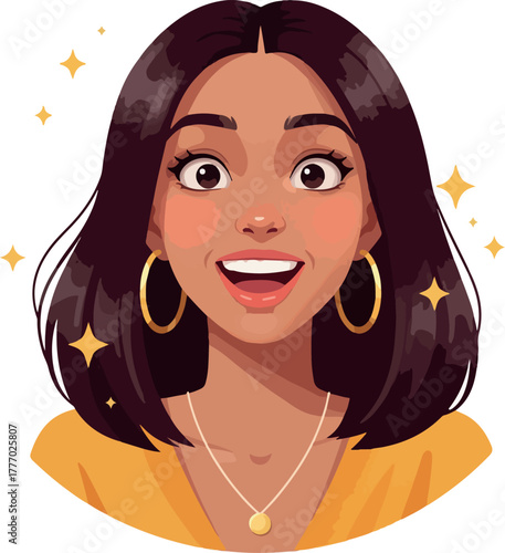 Surprised Woman Yellow Top Gold Hoops Sparkling Stars Flat Design