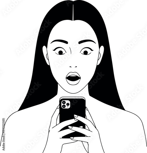 Surprised Woman Looking At Phone Screen Black White Minimal Illustration