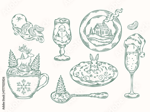 Hand drawn vector collection of whimsical winter tableware: mugs, plates, and glasses adorned with snow, rabbits, mandarins, and festive motifs. Perfect for holiday designs
