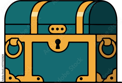 Teal Wooden Treasure Chest with Golden Accents Flat Design