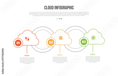 Cloud base shape infographics template diagram with arrow behind line connection on horizontal direction with 3 point step creative simple flat outline