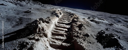 Astronaut footprint in fine lunar dust closeup concept. Lunar footprints on the moon's surface under starlit sky.