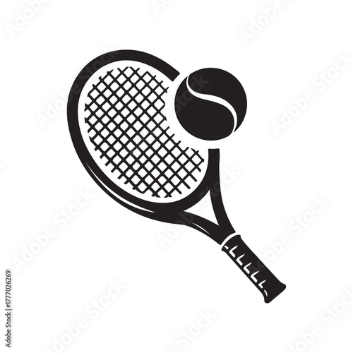 Black vector logo design featuring a tennis racket and ball on top of the racket