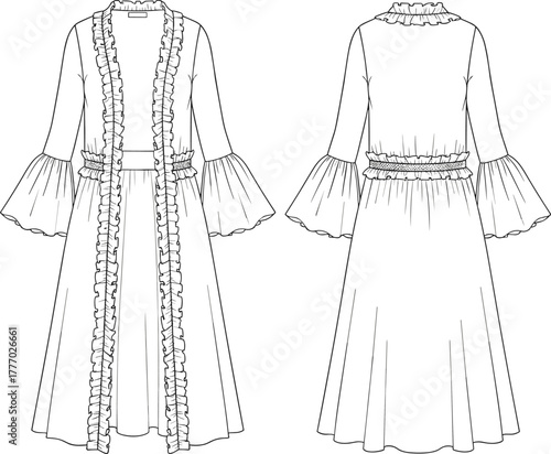 CAD Drawing Flat Vector Illustration of Long Dress with Ruffled Trim, Flared Sleeves, Gathered Waist, Deep V-Neckline, and High Back