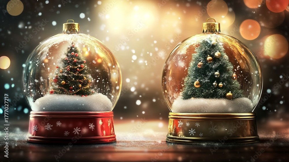 Obraz premium Two enchanting Christmas snow globes showcase miniature festive trees sparkling with ornaments and gentle falling snow, evoking holiday magic and wonder