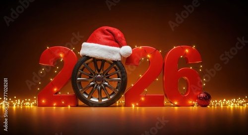 Holiday Season with the 2026 Celebration: The New Year's Eve illustration, where the number 2026 is displayed with the car wheel and santa hat and small ball.
