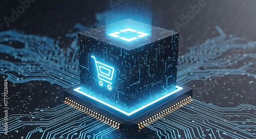 Digital e-commerce shopping cart icon on a glowing blue futuristic circuit board cube, representing online retail technology, data processing and innovation concepts.