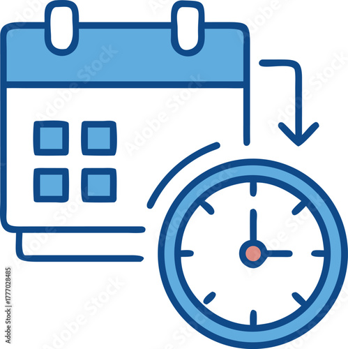 Blue calendar icon with clock and down arrow graphic time deadline