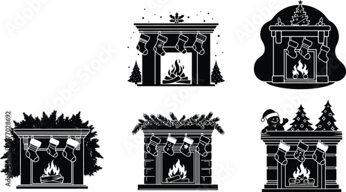 Christmas fireplace decorations, festive mantel, holiday stockings, burning fire, pine garland, cozy winter scene, black and white illustration, seasonal decor