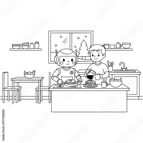 Futuristic domestic lifestyle: A child and his robot friend are making breakfast in the kitchen. Winter scene. Technology and childhood. Black and white sketch, for coloring.