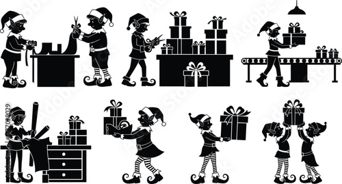 Christmas elves wrapping gifts, holiday workshop teamwork, festive packaging, Santa's helpers, conveyor belt, black and white silhouette illustration, seasonal preparation