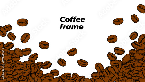 coffee background. Coffee beans in frame, border. Coffee beans isolated on a white background. Coffee Beans Illustration for packaging.