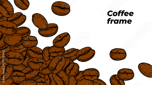coffee background. Coffee beans in frame, border. Coffee beans isolated on a white background. Coffee Beans Illustration for packaging.