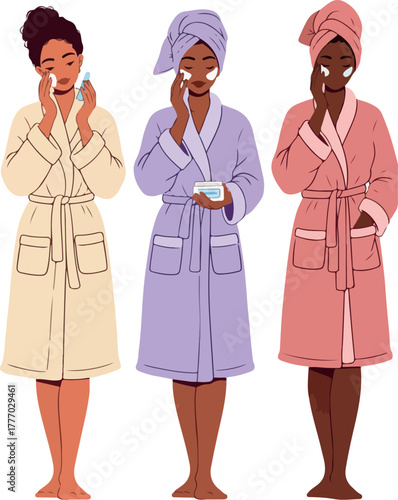 Three Women Skincare Routine Flat Design Isolated On White
