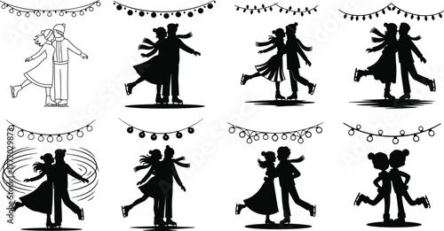 Christmas elves working, gift wrapping scenes, festive teamwork, silhouette illustration, holiday preparation, black and white art, seasonal joy, Santa's workshop