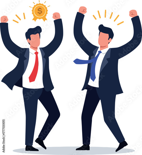 Two Men Celebrate Success With Money Award Graphic Flat Design