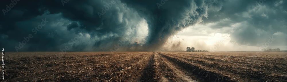 Fototapeta premium Dangerous tornado spinning across skies concept. An intense storm brewing over a vast agricultural landscape.