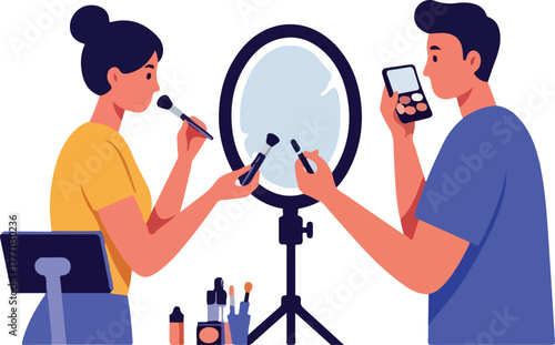 Two People Applying Makeup With Ring Light and Phone Minimal Illustration