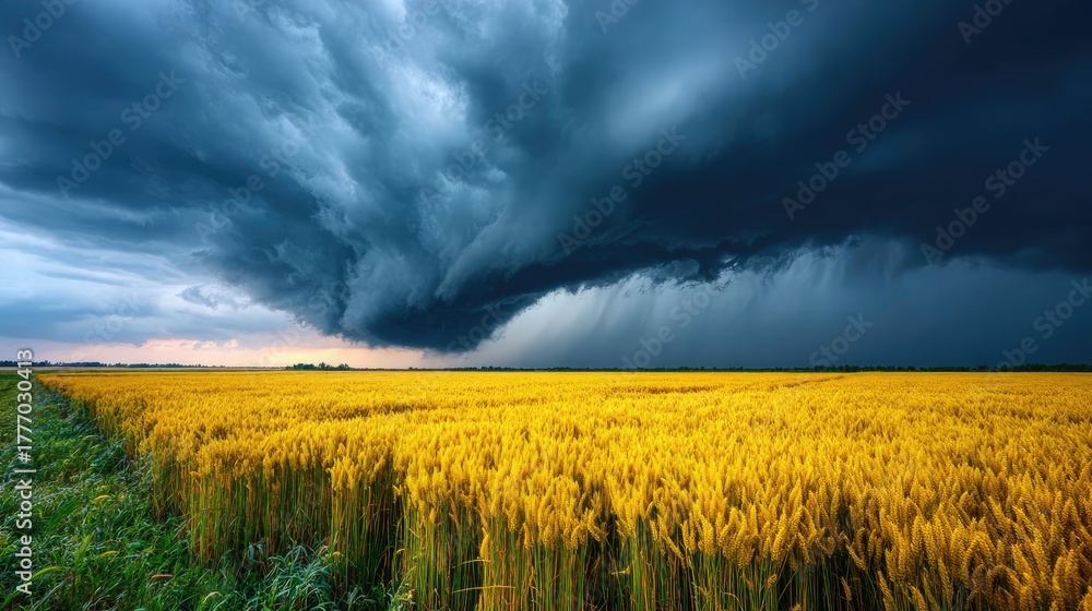 Obraz premium Dangerous tornado spinning across skies concept. Dramatic storm clouds over a golden wheat field during twilight.
