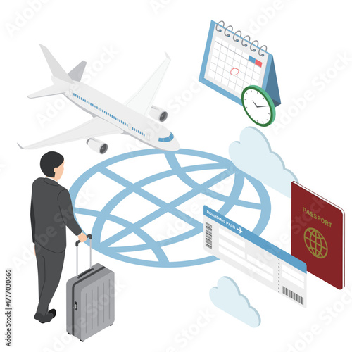 海外出張する会社員男性・アイソメトリック