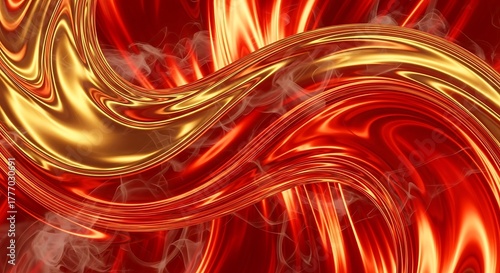 Abstract Fiery Gold Red Flowing Waves in Dynamic Digital Art