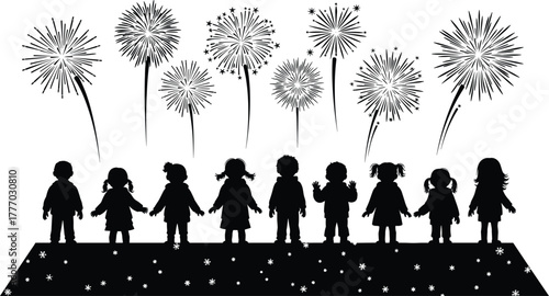 Photography Children silhouettes holding hands, fireworks celebration, festive night sky, un