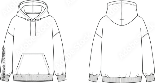 CAD Drawing Flat Vector Illustration of Hooded Sweatshirt with Drawstring Hood, Kangaroo Pocket, Ribbed Cuffs, and Straight Hem