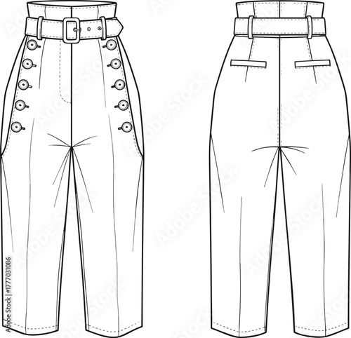 CAD Drawing Flat Vector Illustration of High-Waisted Pants with Double Button Closure, Belt Loops, Pleats, and Welt Pockets
