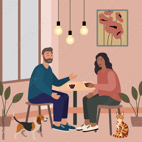 Couple enjoying cup of coffee and heart-to-heart chat in a pet friendly coffee shop