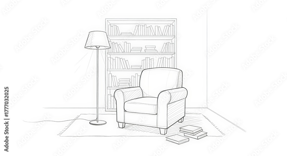 Fototapeta premium Empty Room With Bookcase And Armchair In A Minimalist Style.