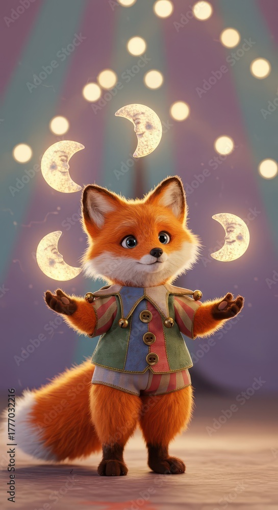 Obraz premium Adorable animated fox character performs a balancing act with glowing crescent shapes
