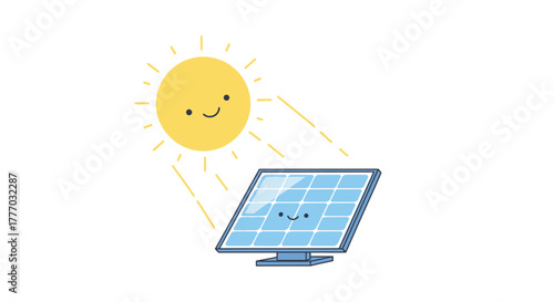 Minimalist vector illustration about solar energy, featuring a smiling sun 