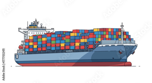 vector illustration of a large cargo container ship carrying colorful containers
