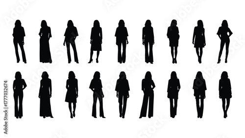 Collection of female silhouettes in various poses and attire Vector