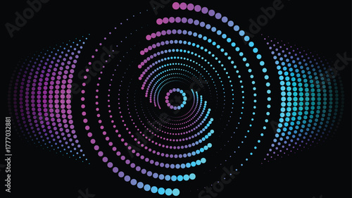 A mesmerizing and energetic abstract vector illustration featuring a vortex or tunnel effect created by concentric circles of glowing neon dots. Being a fully scalable and editable EPS vector file