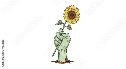 A zombie hand emerges from the ground, holding a vibrant, blooming sunflower.